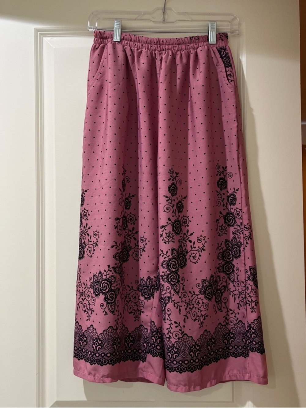 Women's Pink Floral Border Elastic-Waist Wide Leg Pants